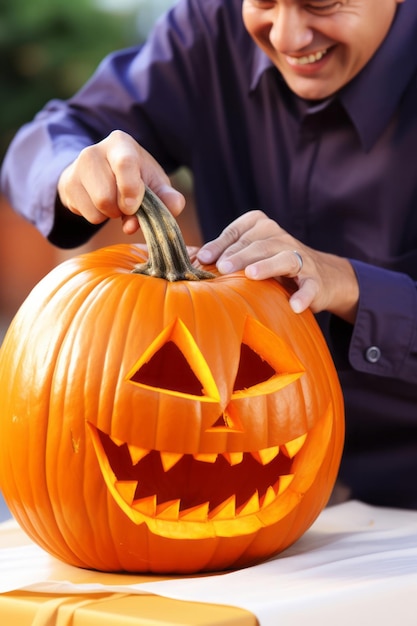 Man carving a sinister jack o lantern