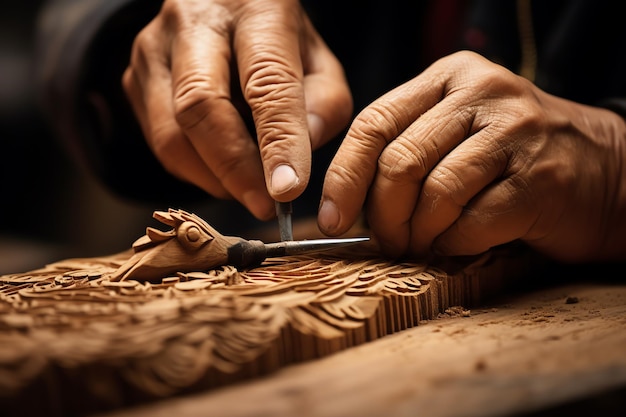 A man carving a wooden sculpture with a hand on it.