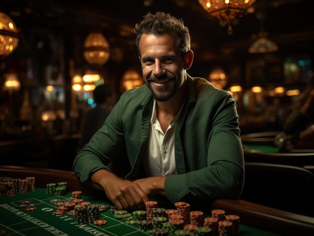 Foto un uomo in un casinò sta giocando e scommettendo.