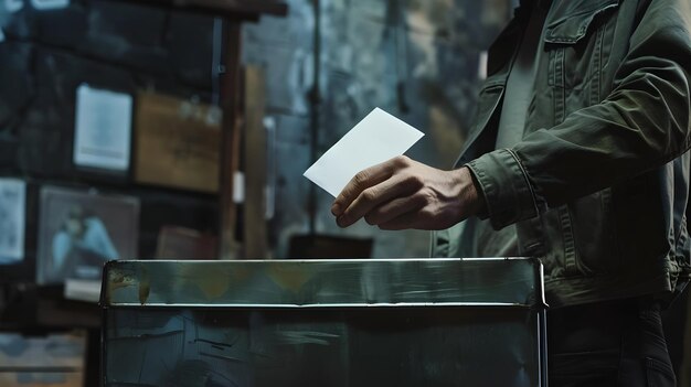 민주 도시 에서 금속 상자 에 투표 를 던지는 사람
