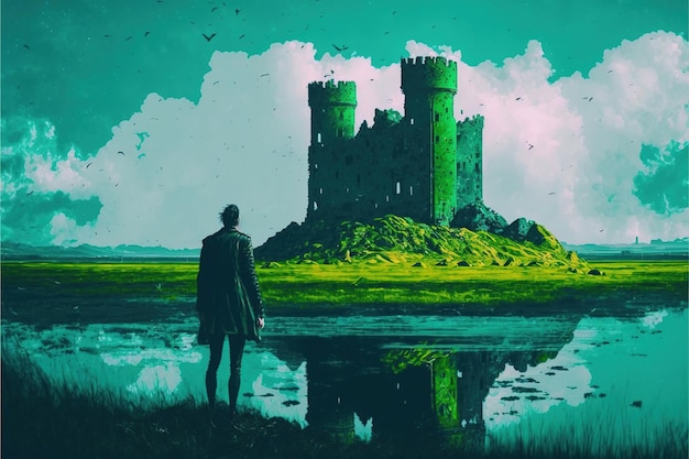 Man in the castle Man looking at the mysterious abandoned castle with a green sky in the background Digital art style illustration painting