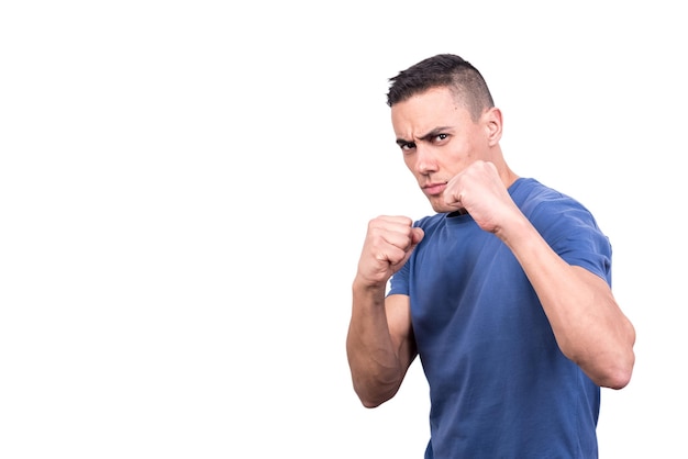 Photo man in casual clothes in boxing guard