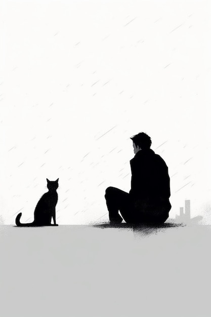 A man and a cat sit on the ground in the rain.