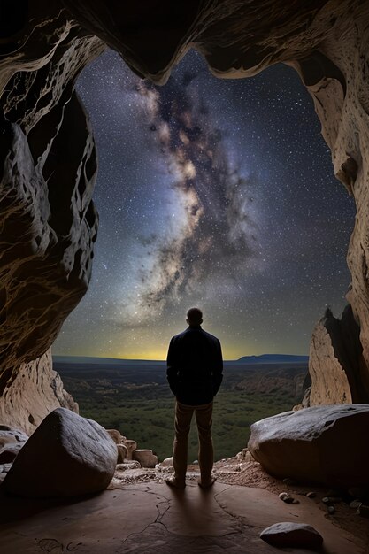 Foto l'uomo nella grotta che guarda nell'universo