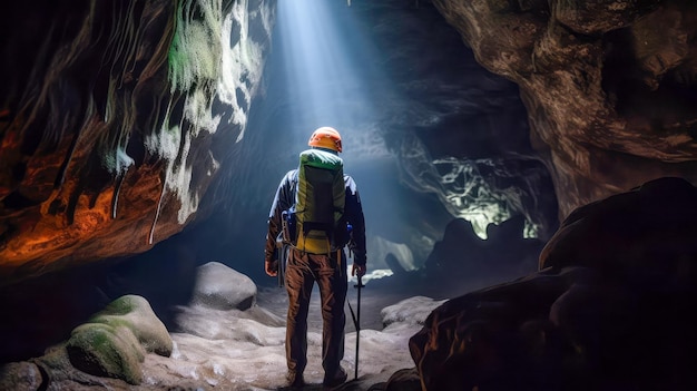 A man in a cave with a backpack and a backpack stands in the dark