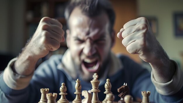 Photo a man celebrates his victory in a game of chess he is sitting at a table with the chessboard in front of him