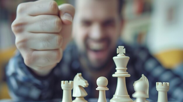 A man celebrates winning a game of chess He is shown in the background out of focus while the chess pieces are in focus in the foreground