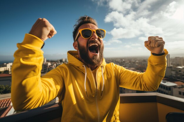 Photo man celebrating success on office balcony