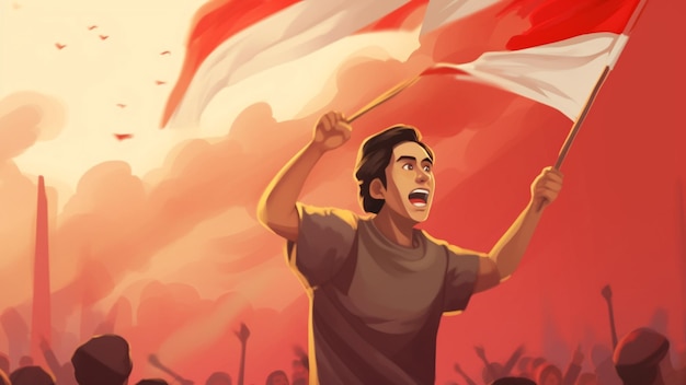 Man celebrating Sumpah Pemuda day by holding the national flag of Indonesia image