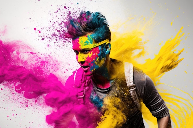 a man celebration for Holi festival with colorful powder explode