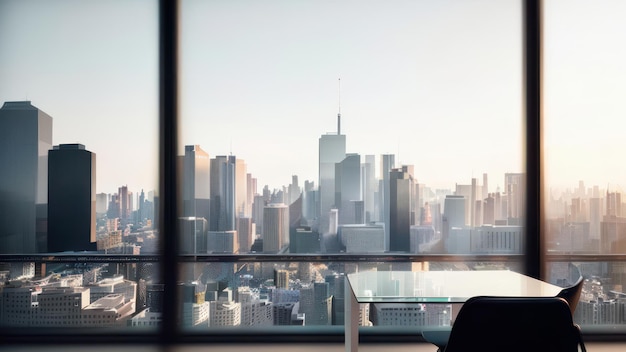 A man in a chair in front of a window with a view of the city skyline.