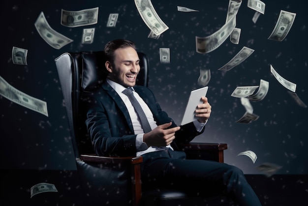 A man in a chair with a tablet in his hand and a lot of money flying in the background.