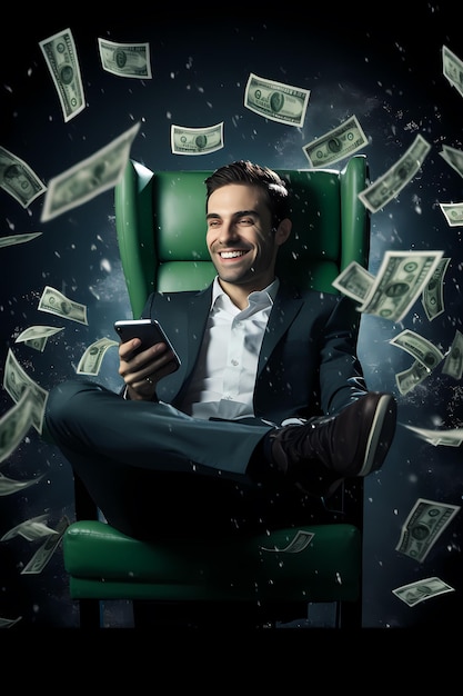 A man in a chair with a tablet in his hand and a lot of money flying in the background