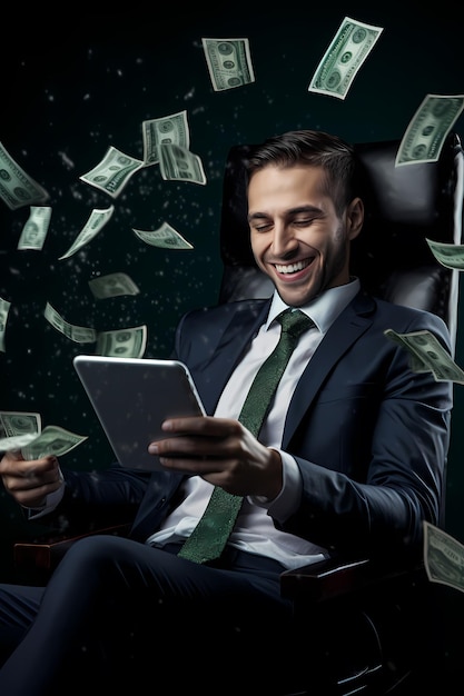 A man in a chair with a tablet in his hand and a lot of money flying in the background