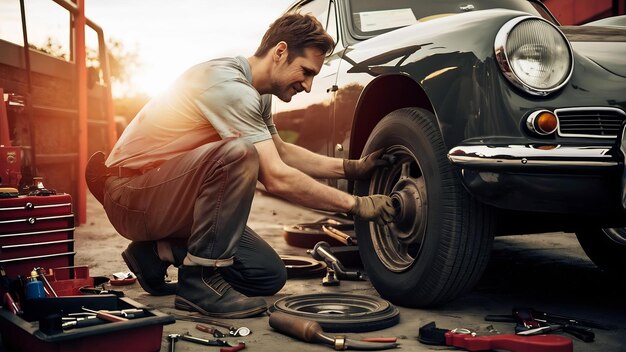 Photo man changing broken wheel on car