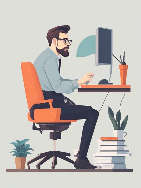 A man character sitting on office working on computer