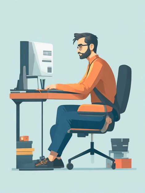 A man character sitting on office working on computer