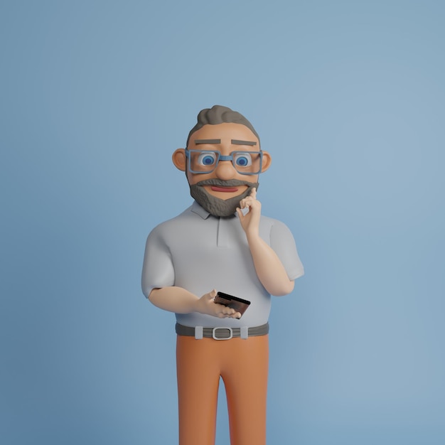 Фото Мужской персонаж с бородой и очками, 3d иллюстрация на синем фоне, держит смартфон и р