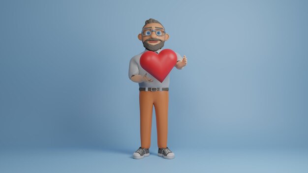 Photo man character with a beard and glasses holding red heart 3d illustration on a blue background