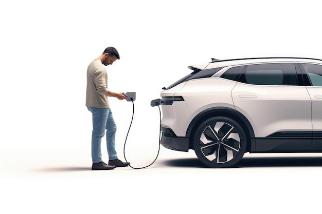 Man charging electric SUV at station on white background