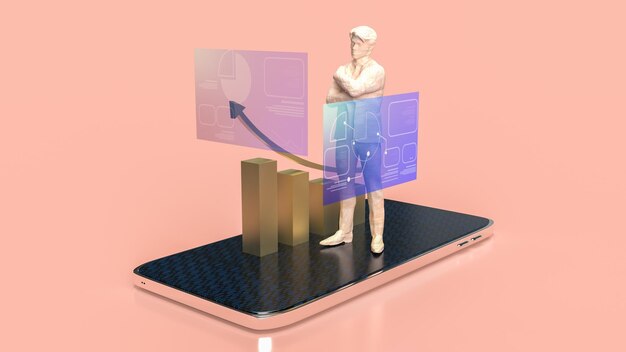 The man and chart screen on mobile phone for business applications 3d rendering