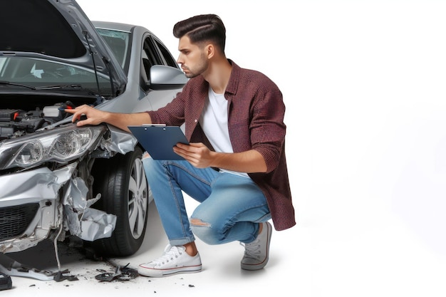 man checking car damages after car accident isolated on white background copy space