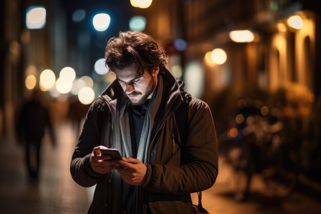 A man checking his phone in the urban night finding directions sending a text message