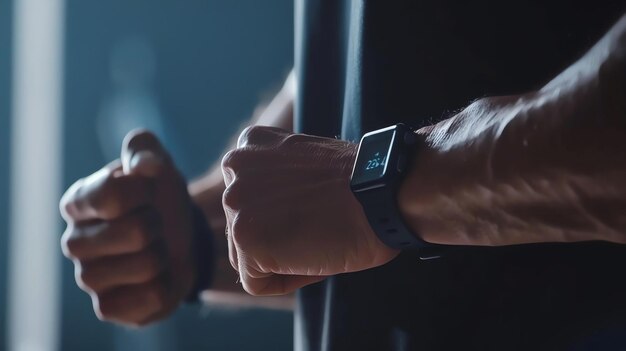 Photo a man checking the time on his smartwatch while exercising he is wearing a black tshirt and the watch is on his left wrist