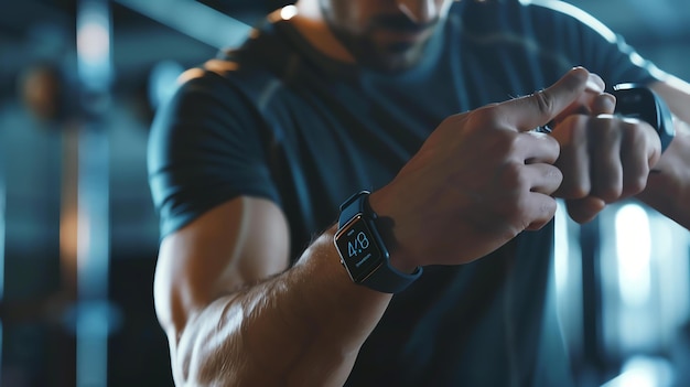 Foto un uomo che controlla l'ora sul suo smartwatch mentre si allena in una palestra indossa una maglietta nera e l'orologio è nero lo sfondo è sfocato