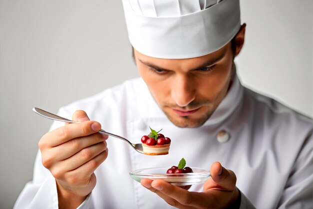 man chef decorating delicious dessert