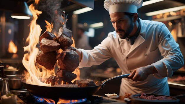 Photo man chef frying meat in a pan in fire