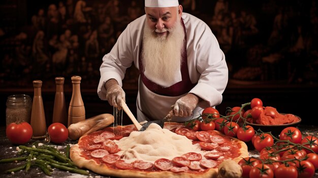 a man in a chef hat cuts a pizza with sausages