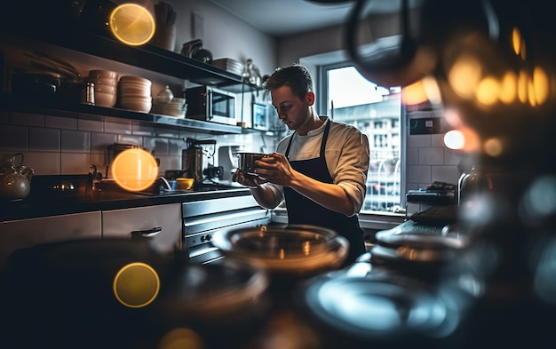 Foto cuoco unico dell'uomo che prepara il cibo in cucina