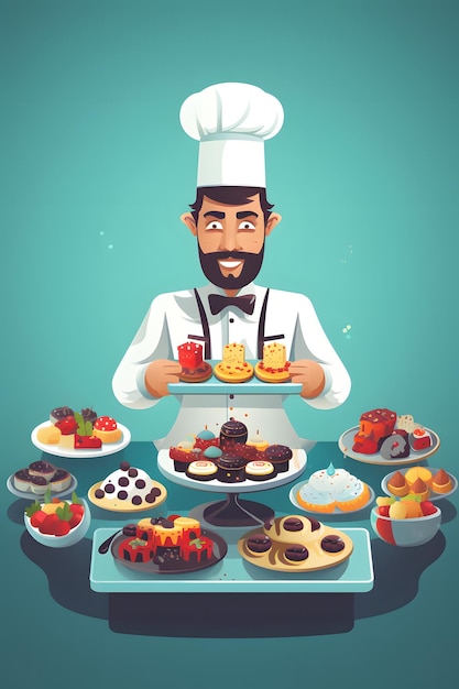 Man in chef's hat holding tray of desserts Generative AI