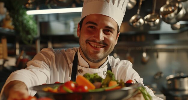 Photo a man in a chefs hat holding a bowl of food perfect for culinary concepts