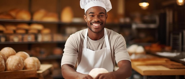 a man in a chefs hat is cooking in a bakery