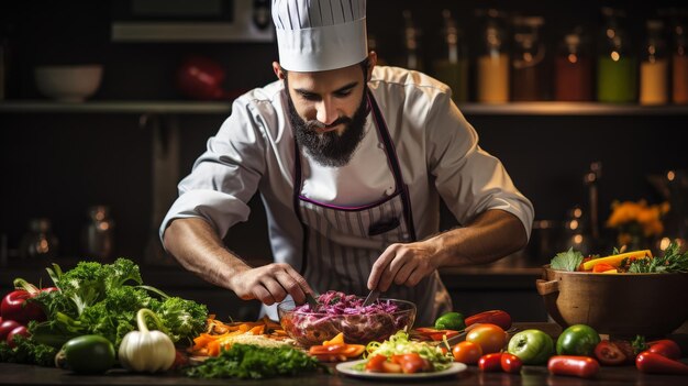 A man in a chefs hat skillfully cuts vegetables on a table