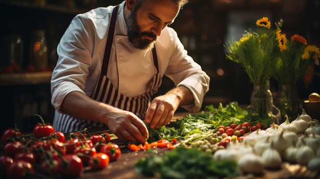 A man in a chefs outfit skillfully cuts vegetables on a table