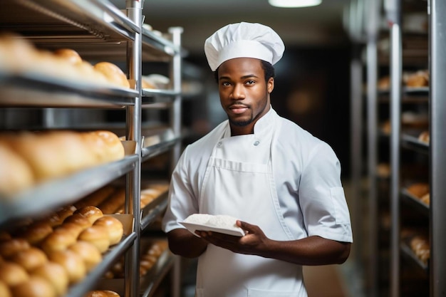 a man in a chefs uniform holding a plate of bread