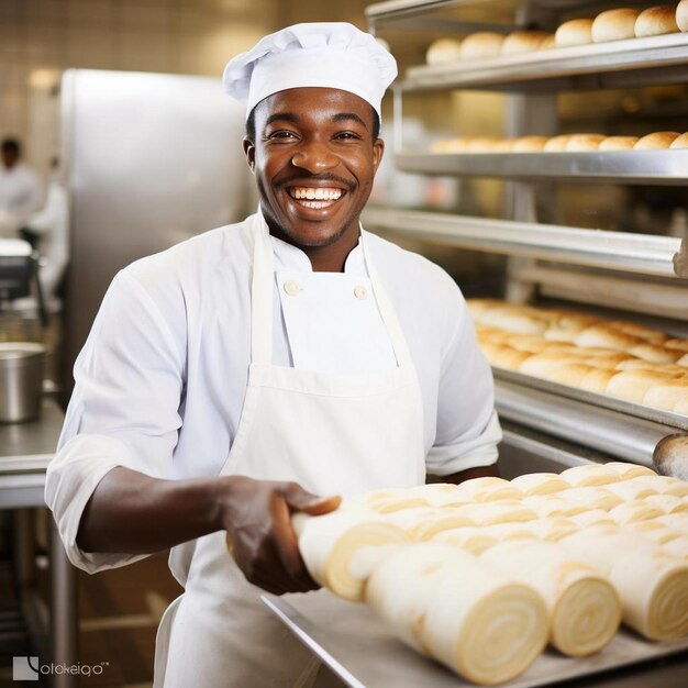 a man in a chefs uniform holds a tray of rolls