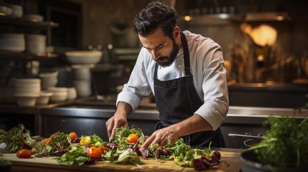 A man in a chefs uniform skillfully chops vegetables on a cutting board