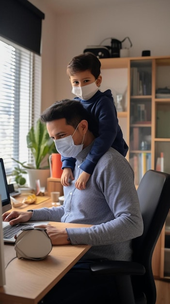 a man and a child are on a computer with a face mask