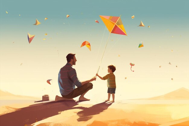 A man and a child are flying kites in the sky Generative ai