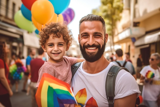 A man and a child are holding a rainbow flag