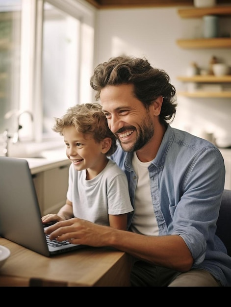 a man and a child are looking at a laptop
