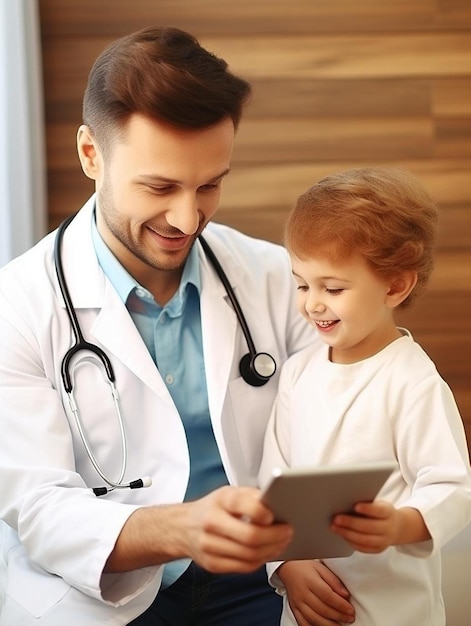 Photo a man and a child are looking at a tablet with the words  father  on the screen