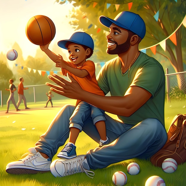 한 남자 와 한 아이 가 공원 에서 농구 를 하고 있다