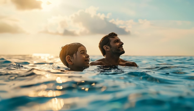 A man and a child are playing in a pool