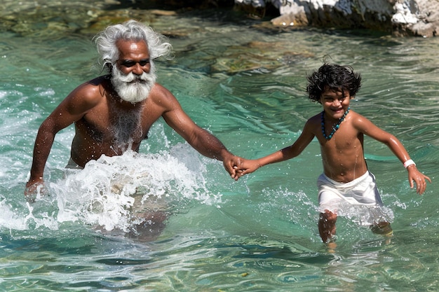 A man and a child are playing in the water