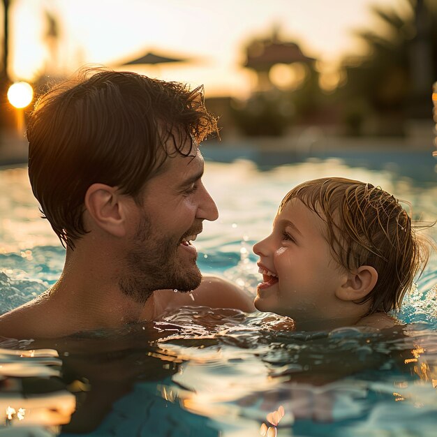 Photo a man and a child are in a pool with the sun behind them